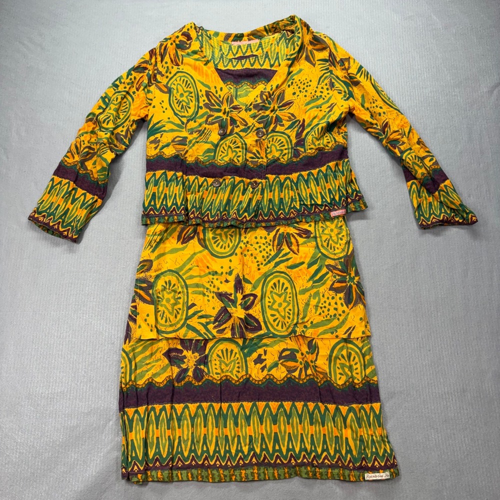 Rainbow Jo Dress Set Womens M Yellow Tropical Batik Rayon 2 Piece Jacket Set